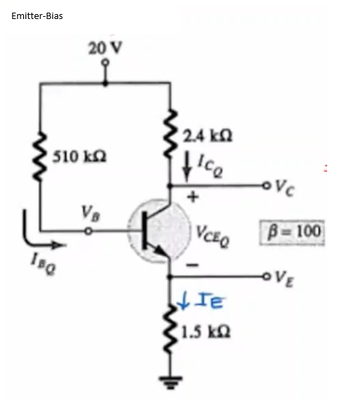 Emitter-Bias
20 V
510 ΚΩ
IsQ
2.4 ΚΩ
fice
VCEQ
IE
• '1.5 ΚΩ
OVC
B=100
LOVE