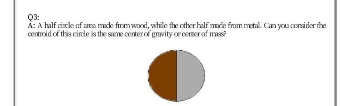 Q3:
A: A half cirde of area made from wood, while the other half made from metal. Can you consider the
centroid of this circle is the same center of gravity or center of mass?

