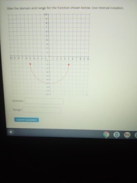 Give the domain and range for the function shown below. Use Interval notation.
Domain
Range
Submat Queston
