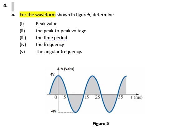 4.
a. For the waveform shown in figure5, determine
(i)
Peak value
(ii)
(iii)
(iv)
the peak-to-peak voltage
the time period
the frequency
(v)
The angular frequency.
v (Volts)
6V
0 5
15 25
35 1(ms)
-6V
