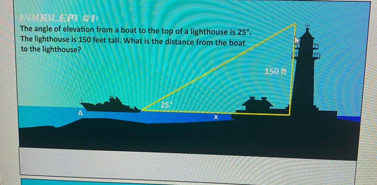PROBLEM
The angle of elevation from a boat to the top of a lighthouse is 25°.
The lighthouse is 150 feet tall. What is the distance from the boat
to the lighthouse?
150 ft
25
