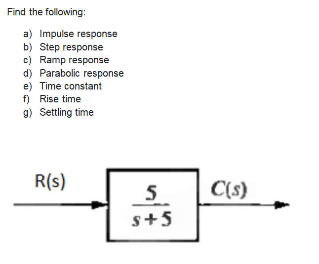 Find the following:
a) Impulse response
b) Step response
c) Ramp response
d) Parabolic response
e) Time constant
f) Rise time
g) Settling time
R(s)
5
C(s)
s+5

