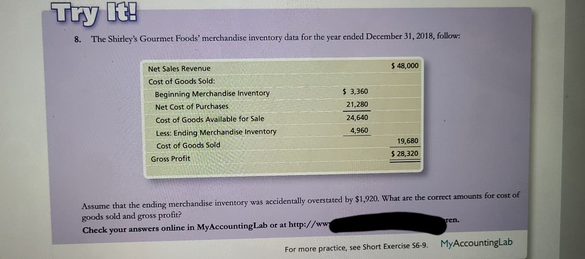 Try It!
8.
The Shirley's Gourmet Foods' merchandise inventory data for the year ended December 31, 2018, follow:
Net Sales Revenue
$ 48,000
Cost of Goods Sold:
Beginning Merchandise Inventory
$ 3,360
Net Cost of Purchases
21,280
Cost of Goods Available for Sale
24,640
Less: Ending Merchandise Inventory
4,960
Cost of Goods Sold
19,680
Gross Profit
$ 28,320
Assume that the ending merchandise inventory was accidentally overstated by $1,920. What are the correct amounts for cost of
goods sold and gross profit?
Check your answers online in MyAccountingLab or at http://ww
ren.
For more practice, see Short Exercise S6-9.
MyAccountingLab
