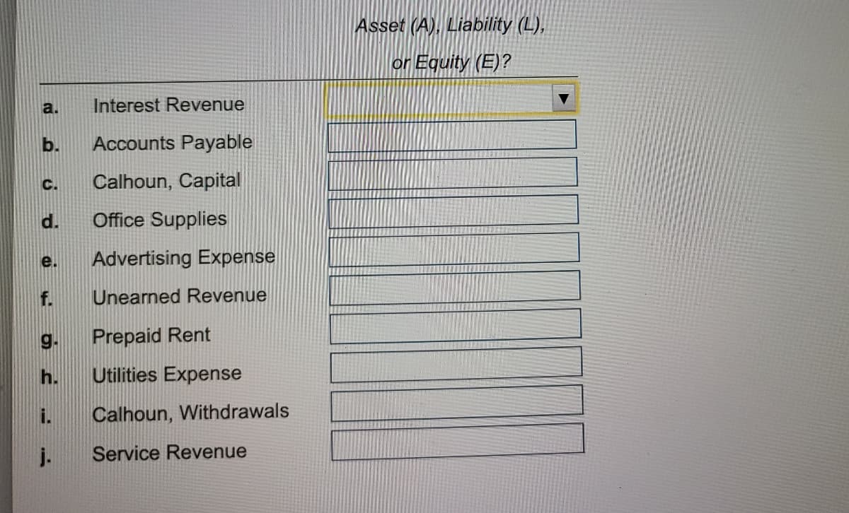 Asset (A), Liability (L),
or Equity (E)?
a.
Interest Revenue
b.
Accounts Payable
C.
Calhoun, Capital
Office Supplies
e.
Advertising Expense
f.
Unearned Revenue
g.
Prepaid Rent
h.
Utilities Expense
i.
Calhoun, Withdrawals
j.
Service Revenue
