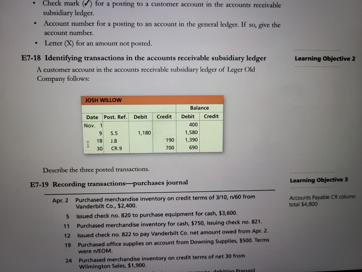 Check mark () for a posting to a customer account in the accounts receivable
subsidiary ledger.
Account number for a posting to an account in the general ledger. If so, give the
account number,
Letter (X) for an amount not posted.
E7-18 Identifying transactions in the accounts receivable subsidiary ledger
Learning Objective 2
A customer account in the accounts receivable subsidiary ledger of Leger Old
Company follows:
JOSH WILLOW
Balance
Date Post. Ref.
Debit
Credit
Debit
Credit
Nov. 1
400
S.5
1,180
1,580
18
J.8
190
1,390
30
CR.9
700
690
Describe the three posted transactions.
Learning Objective 3
E7-19 Recording transactions-purchases journal
Purchased merchandise inventory on credit terms of 3/10, n/60 from
Vanderbilt Co., $2,400.
Accounts Payable CR column
total $4,800
Apr. 2
Issued check no. 820 to purchase equipment for cash, $3,600.
11
Purchased merchandise inventory for cash, $750, issuing check no. 821.
12
Issued check no. 822 to pay Vanderbilt Co. net amount owed from Apr. 2.
19
Purchased office supplies on account from Downing Supplies, $500. Terms
were n/EOM.
24
Purchased merchandise inventory on credit terms of net 30 from
Wilmington Sales, $1,900.
debiting Prepaid
