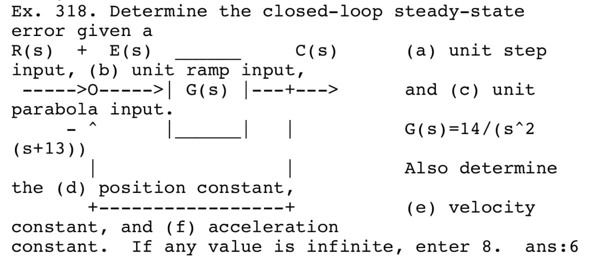 Ex. 318. Determine the closed-loop steady-state
error given a
R(s)
input, (b) unit ramp input,
-->0----->| G(s) |---+--->
parabola input.
E (s)
C(s)
(a) unit step
+
and (c) unit
---.
G(s)=14/(s^2
(s+13))
Also determine
the (d) position constant,
+---
(e) velocity
---- -+
constant, and (f) acceleration
constant.
If any value is infinite, enter 8.
ans:6
