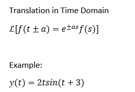 Translation in Time Domain
L[f(t ±a) = e±as f(s)]
Example:
y(t) = 2tsin(t + 3)