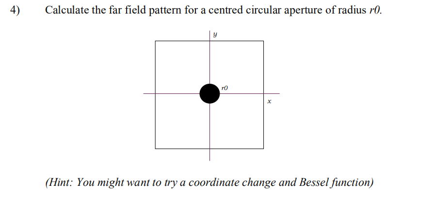 4)
Calculate the far field pattern for a centred circular aperture of radius r0.
ro
(Hint: You might want to try a coordinate change and Bessel function)
