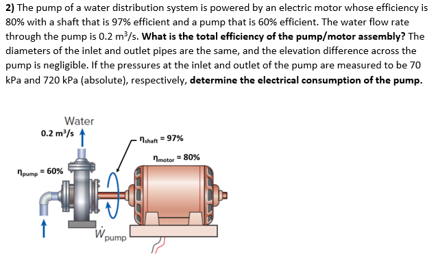 2) The pump of a water distribution system is powered by an electric motor whose efficiency is
80% with a shaft that is 97% efficient and a pump that is 60% efficient. The water flow rate
through the pump is 0.2 m³/s. What is the total efficiency of the pump/motor assembly? The
diameters of the inlet and outlet pipes are the same, and the elevation difference across the
pump is negligible. If the pressures at the inlet and outlet of the pump are measured to be 70
kPa and 720 kPa (absolute), respectively, determine the electrical consumption of the pump.
