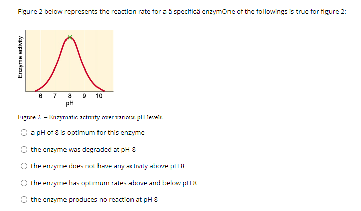 Figure 2 below represents the reaction rate for a â specificâ enzymone of the followings is true for figure 2:
6 7 8 9 10
Figure 2. – Enzymatic activity over various pH levels.
O a pH of 8 is optimum for this enzyme
the enzyme was degraded at pH 8
the enzyme does not have any activity above pH 8
O the enzyme has optimum rates above and below pH 8
O the enzyme produces no reaction at pH 8
Enzyme activity
