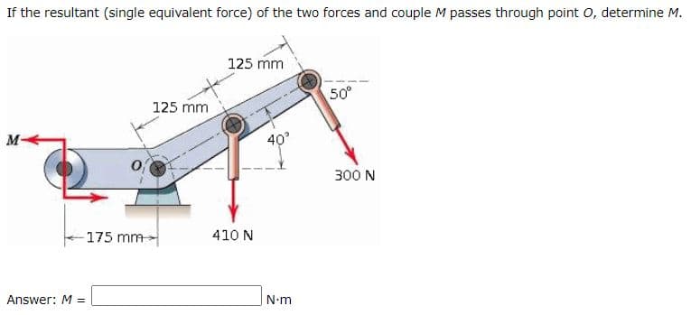 If the resultant (single equivalent force) of the two forces and couple M passes through point O, determine M.
125 mm
50°
125 mm
M-
40
of
300 N
-175 mm
410 N
Answer: M =
N•m
