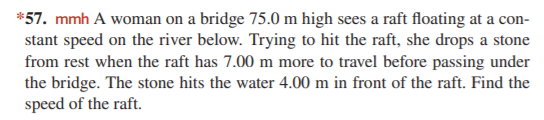 *57. mmh A woman on a bridge 75.0 m high sees a raft floating at a con-
stant speed on the river below. Trying to hit the raft, she drops a stone
from rest when the raft has 7.00 m more to travel before passing under
the bridge. The stone hits the water 4.00 m in front of the raft. Find the
speed of the raft.
