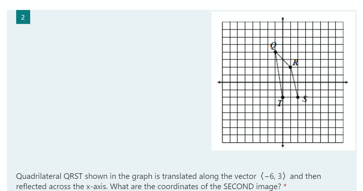 Quadrilateral QRST shown in the graph is translated along the vector (-6, 3) and then
reflected across the x-axis. What are the coordinates of the SECOND image? *
