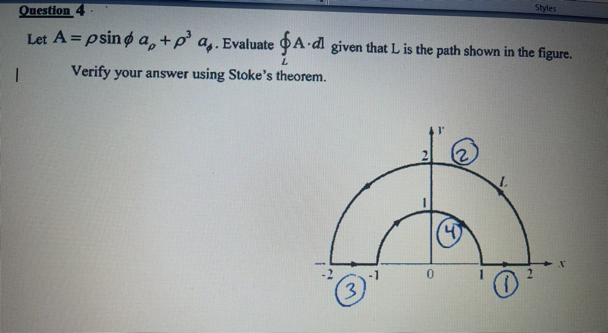 Опestion
Styles
Let A = psin ø a,+p a,. Evaluate A d given that L is the path shown in the figure.
Verify your answer using Stoke's theorem.
(2)
(4)
-1
0.
3.
