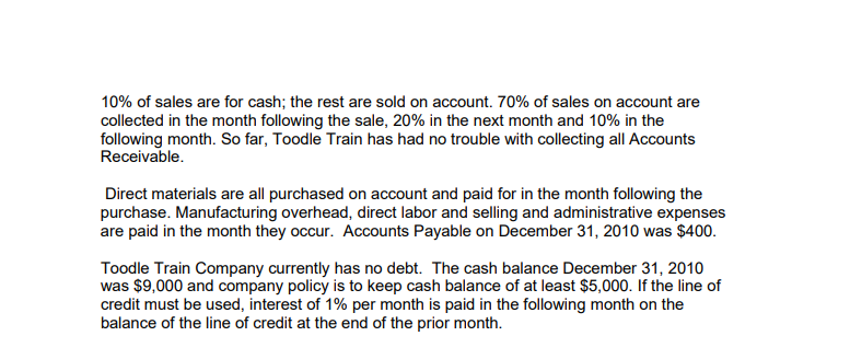 10% of sales are for cash; the rest are sold on account. 70% of sales on account are
collected in the month following the sale, 20% in the next month and 10% in the
following month. So far, Toodle Train has had no trouble with collecting all Accounts
Receivable.
Direct materials are all purchased on account and paid for in the month following the
purchase. Manufacturing overhead, direct labor and selling and administrative expenses
are paid in the month they occur. Accounts Payable on December 31, 2010 was $400.
Toodle Train Company currently has no debt. The cash balance December 31, 2010
was $9,000 and company policy is to keep cash balance of at least $5,000. If the line of
credit must be used, interest of 1% per month is paid in the following month on the
balance of the line of credit at the end of the prior month.