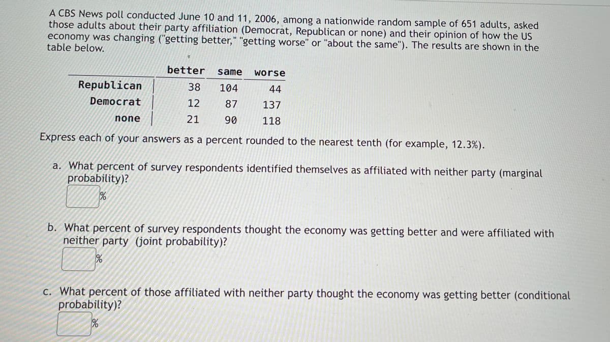 A CBS News poll conducted June 10 and 11, 2006, among a nationwide random sample of 651 adults, asked
those adults about their party affiliation (Democrat, Republican or none) and their opinion of how the US
economy was changing ("getting better," "getting worse" or "about the same"). The results are shown in the
table below.
better
same
worse
Republican
38
104
44
Democrat
12
87
137
none
21
90
118
Express each of your answers as a percent rounded to the nearest tenth (for example, 12.3%).
a. What percent of survey respondents identified themselves as affiliated with neither party (marginal
probability)?
b. What percent of survey respondents thought the economy was getting better and were affiliated with
neither party (joint probability)?
c. What percent of those affiliated with neither party thought the economy was getting better (conditional
probability)?
