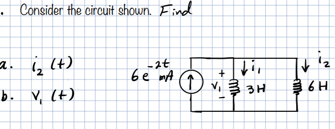 . Consider the circuit shown. Find
a. į 4)
(t)
-2t
be mA
6 H
b. V, (t)
