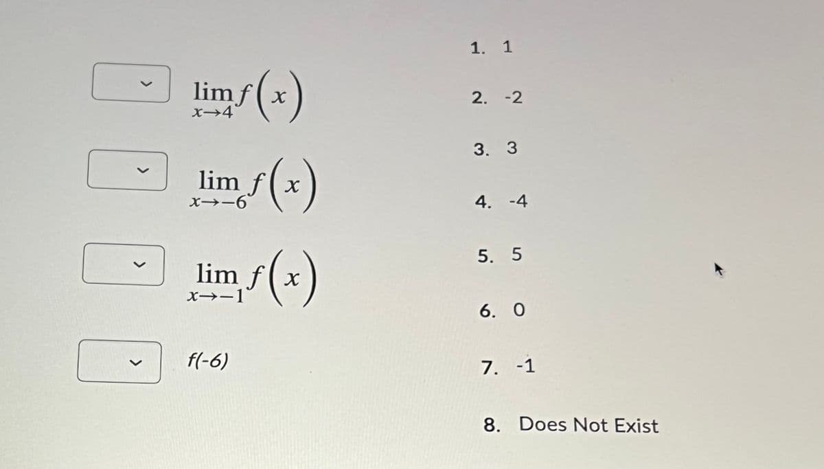 1. 1
limƒ ( x )
2. -2
X→4
3. З
(*)
)
lim f
X→-6
4. -4
5. 5
lim f( x
X→-1
6. О
f(-6)
7. -1
8. Does Not Exist
