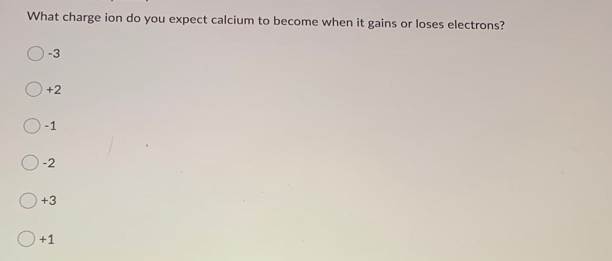 What charge ion do you expect calcium to become when it gains or loses electrons?
-3
+2
-1
-2
+3
O +1
