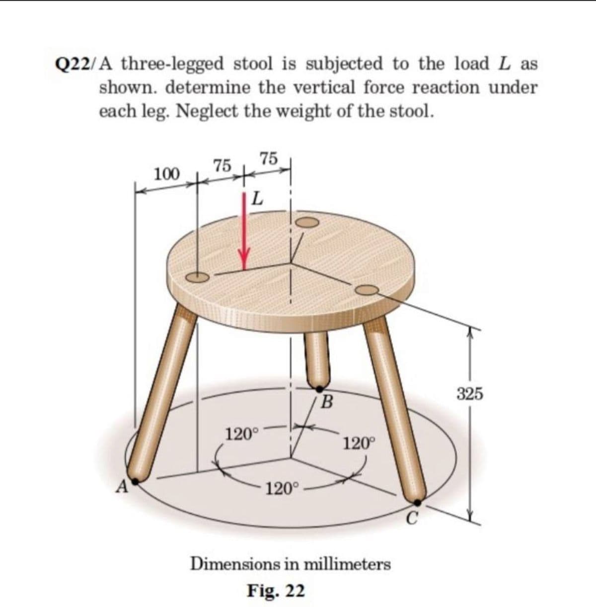 Q22/A three-legged stool is subjected to the load L as
shown. determine the vertical force reaction under
each leg. Neglect the weight of the stool.
75
75
100
L
325
120°
120°
A
120°
C
Dimensions in millimeters
Fig. 22
