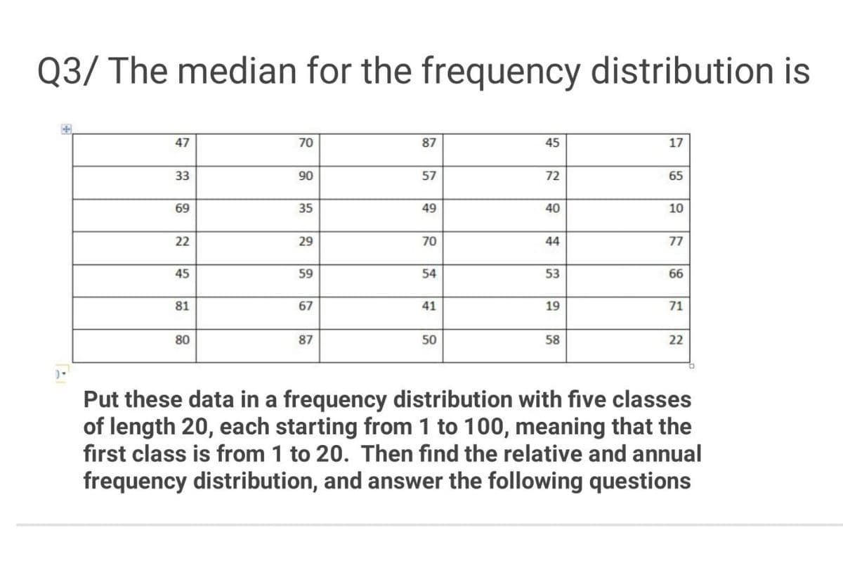 Q3/ The median for the frequency distribution is
47
70
87
45
17
33
90
57
72
65
69
35
49
40
10
22
29
70
44
77
45
59
54
53
66
81
67
41
19
71
80
87
50
58
22
Put these data in a frequency distribution with five classes
of length 20, each starting from 1 to 100, meaning that the
fırst class is from 1 to 20. Then find the relative and annual
frequency distribution, and answer the following questions
