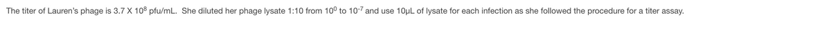 The titer of Lauren's phage is 3.7 X 108 pfu/mL. She diluted her phage lysate 1:10 from 100 to 10-7 and use 10μL of lysate for each infection as she followed the procedure for a titer assay.