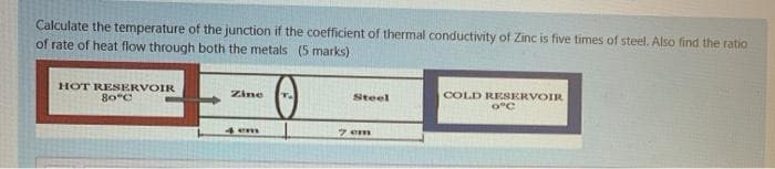 Calculate the temperature of the junction if the coefficient of thermal conductivity of Zinc is five times of steel. Also find the ratio
of rate of heat flow through both the metals (5 marks)
HOT RESERVOIR
80°C
Zine
Steel
COLD RESERVOIR
0°C
4 em
7em
