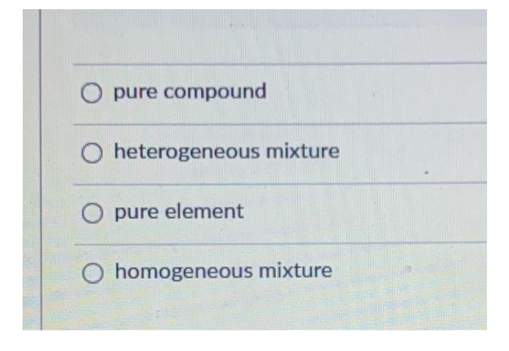 O pure compound
O heterogeneous mixture
pure element
O homogeneous mixture

