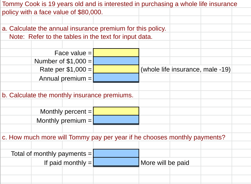 Tommy Cook is 19 years old and is interested in purchasing a whole life insurance
policy with a face value of $80,000.
a. Calculate the annual insurance premium for this policy.
Note: Refer to the tables in the text for input data.
Face value=
Number of $1,000 =
Rate per $1,000 =
(whole life insurance, male -19)
Annual premium =
b. Calculate the monthly insurance premiums.
Monthly percent
Monthly premium =
c. How much more will Tommy pay per year if he chooses monthly payments?
Total of monthly payments =
If paid monthly =
More will be paid