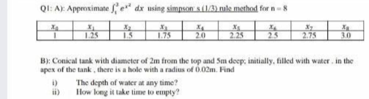 QI: A): Appmximate e dx using simpson s (1/3) nule method for n= 8
1.25
X2
1.5
1.75
2.0
Xs
2.25
X7
2.75
2.5
3.0
B): Conical tank with diameter of 2m from the top and Sm deep; initially, filled with water, in the
apex of the tank, there is a hole with a radius of 0.02m. Find
i)
The depth of water at any time?
How long it take time to emply?
ii)
