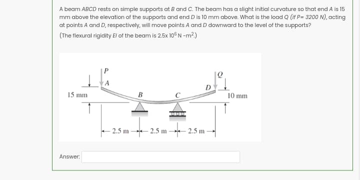 A beam ABCD rests on simple supports at B and C. The beam has a slight initial curvature so that end A is 15
mm above the elevation of the supports and end D is 10 mm above. What is the load Q (if P=3200 N), acting
at points A and D, respectively, will move points A and D downward to the level of the supports?
(The flexural rigidity El of the beam is 2.5x 10° N-m².)
A
15 mm
B
10 mm
Answer:
2.5 m
2.5 m
-2.5 m