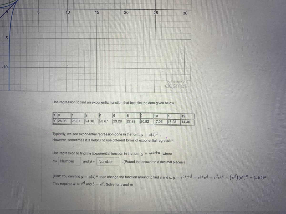 10
15
20
25
30
-5-
-10-
edit graph on
desmos
Use regression to find an exponential function that best fits the data given below.
2
24.18 23.67
4
8
10
13
19
Y 26.98 25.37
23.28
22.29
20.82
17.05
16.23
14.46
Typically, we see exponential regression done in the form: y = a(b)
However, sometimes it is helpful to use different forms of exponential regression.
Use regression to find the Exponential function in the form y = eca+d where
C= Number
and d = Number
(Round the answer to 3 decimal places.)
(Hint: You can find y = a(b) then change the function around to find cand d. y = eC+d = ec ed = edecr =
This requires a = ed and b = eC. Solve for c and d)
