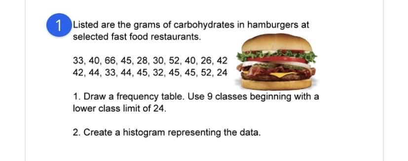 1 Listed are the grams of carbohydrates in hamburgers at
selected fast food restaurants.
33, 40, 66, 45, 28, 30, 52, 40, 26, 42
42, 44, 33, 44, 45, 32, 45, 45, 52, 24
1. Draw a frequency table. Use 9 classes beginning with a
lower class limit of 24.
2. Create a histogram representing the data.

