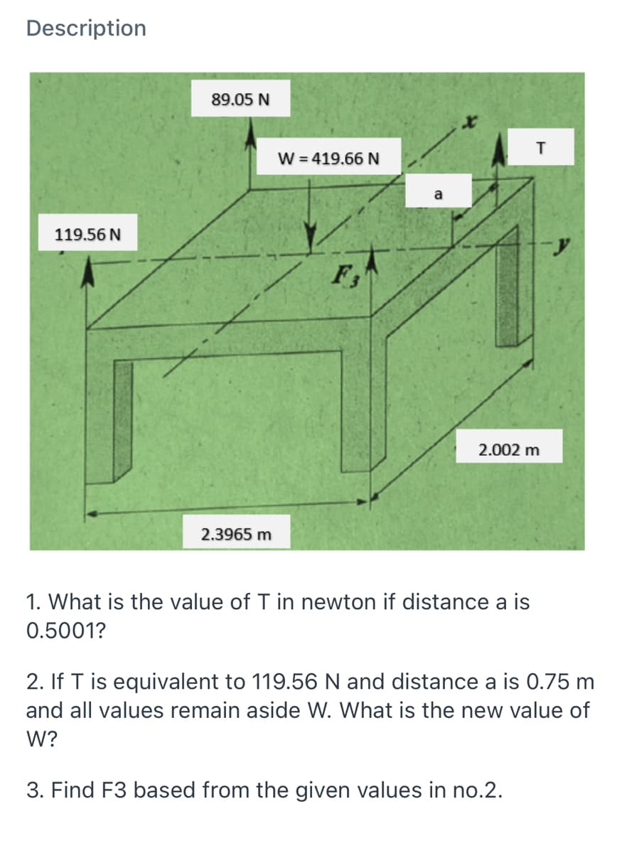 Description
89.05 N
W = 419.66 N
119.56 N
F,
2.002 m
2.3965 m
1. What is the value of T in newton if distance a is
0.5001?
2. If T is equivalent to 119.56 N and distance a is 0.75 m
and all values remain aside W. What is the new value of
W?
3. Find F3 based from the given values in no.2.
