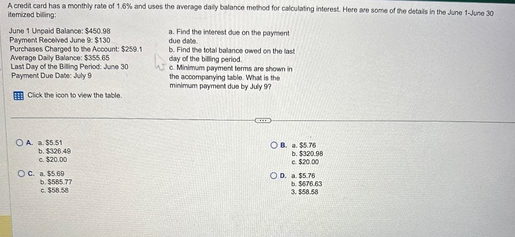 A credit card has a monthly rate of 1.6% and uses the average daily balance method for calculating interest. Here are some of the details in the June 1-June 30
itemized billing:
June 1 Unpaid Balance: $450.98
Payment Received June 9: $130
Purchases Charged to the Account: $259.1
Average Daily Balance: $355.65
Last Day of the Billing Period: June 30
Payment Due Date: July 9.
Click the icon to view the table.
O A. a. $5.51
b. $326.49
c. $20.00
O c. a. $5.69
b. $585.77
c. $58.58
a. Find the interest due on the payment.
due date.
b. Find the total balance owed on the last
day of the billing period.
c. Minimum payment terms are shown in
the accompanying table. What is the
minimum payment due by July 9?
C
OB. a. $5.76
b. $320.98
c. $20.00
OD. a. $5.76
b. $676.63
3. $58.58