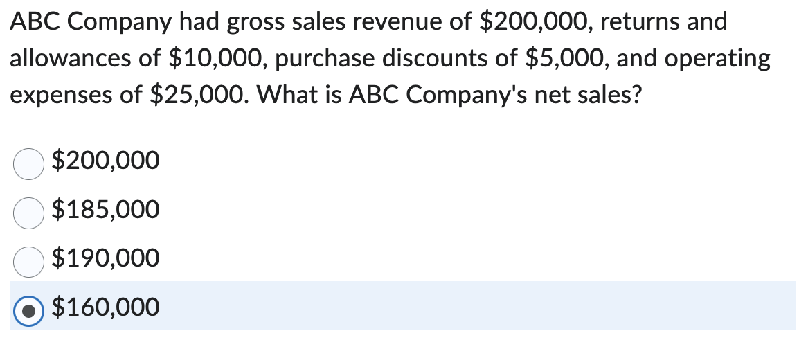 ABC Company had gross sales revenue of $200,000, returns and
allowances of $10,000, purchase discounts of $5,000, and operating
expenses of $25,000. What is ABC Company's net sales?
8888
$200,000
$185,000
$190,000
$160,000