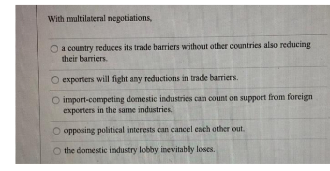 With multilateral negotiations,
a country reduces its trade barriers without other countries also reducing
their barriers.
exporters will fight any reductions in trade barriers.
O import-competing domestic industries can count on support from foreign
exporters in the same industries.
O opposing political interests can cancel each other out.
O the domestic industry lobby inevitably loses.
