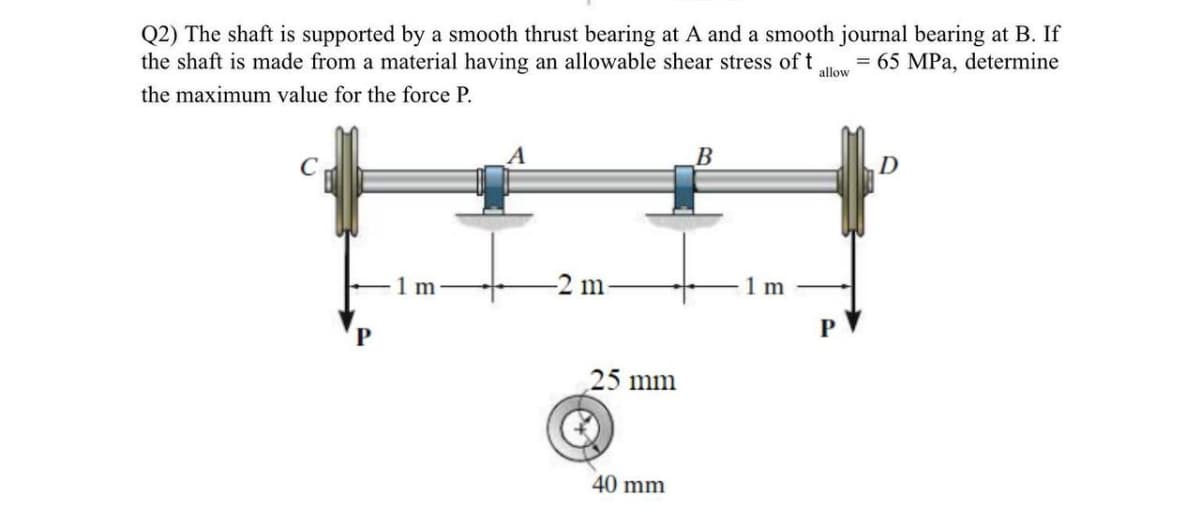 Q2) The shaft is supported by a smooth thrust bearing at A and a smooth journal bearing at B. If
the shaft is made from a material having an allowable shear stress of t
= 65 MPa, determine
allow
the maximum value for the force P.
D
1 m
-2 m-
1 m
P
25 mm
40 mm
