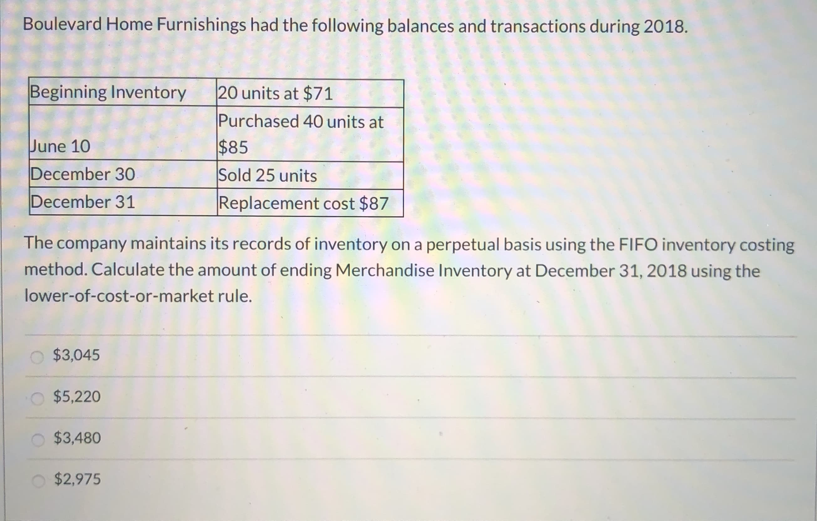 Boulevard Home Furnishings had the following balances and transactions during 2018.
Beginning Inventory
20 units at $71
Purchased 40 units at
June 10
$85
December 30
Sold 25 units
December 31
Replacement cost $87
The company maintains its records of inventory on a perpetual basis using the FIFO inventory costing
method. Calculate the amount of ending Merchandise Inventory at December 31, 2018 using the
lower-of-cost-or-market rule.
$3,045
$5,220
$3,480
$2,975
