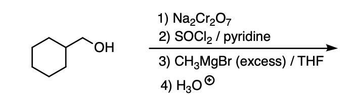 1) NazCr207
2) SOCI2 / pyridine
ОН
3) CH;MgBr (excess) / THF
4) H300
