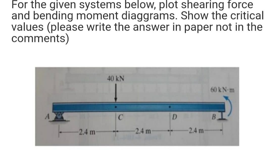 For the given systems below, plot shearing force
and bending moment diaggrams. Show the critical
values (please write the answer in paper not in the
comments)
-2.4 m-
40 kN
C
-2.4 m-
D
-2.4 m-
60 kN-m
B