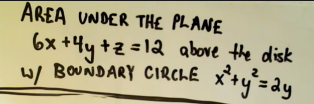 AREA UNDER THE PLANE
6x +4y +z =12 above the disk
W/ BOUNDARY CIRCLE
