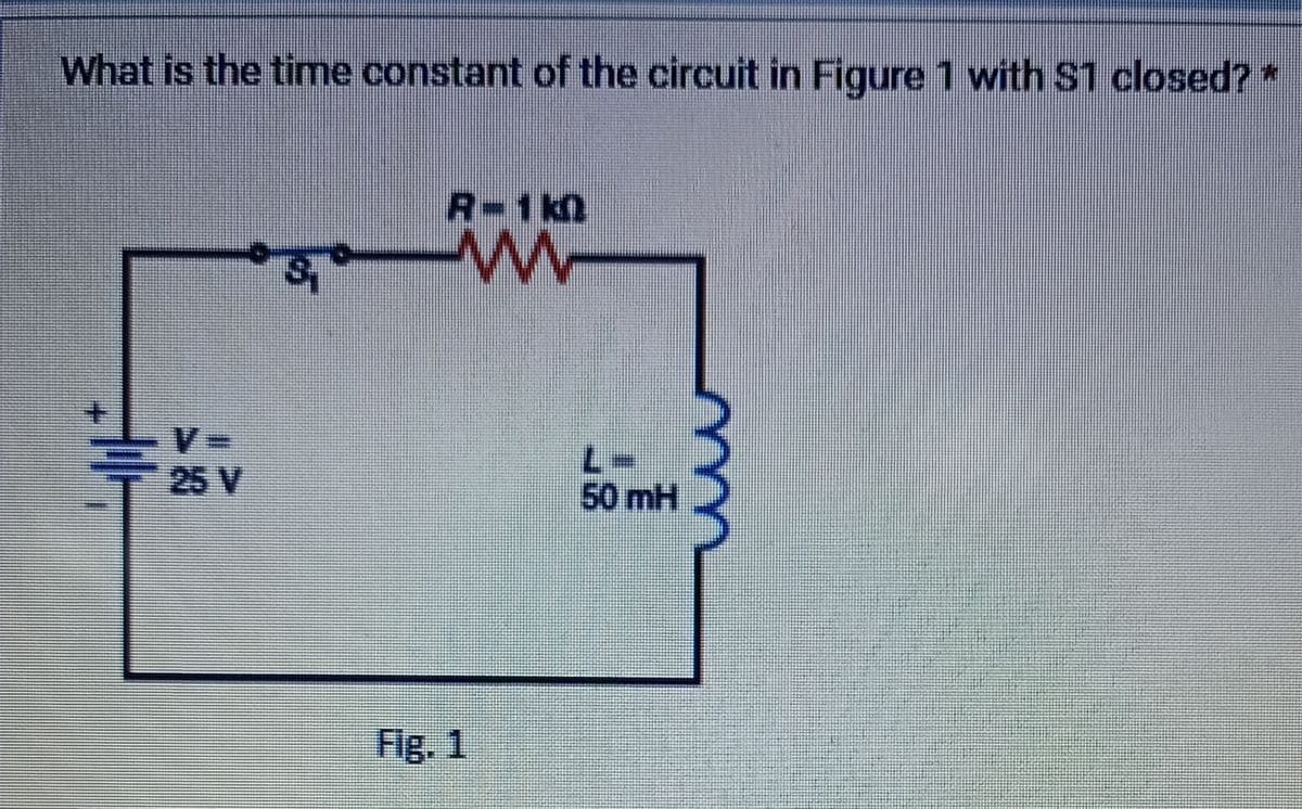 What is the time constant of the circuit in Figure 1 with $1 closed? *
25 V
www
Fig. 1
50 mH