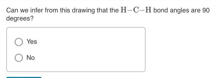 Can we infer from this drawing that the H-C-H bond angles are 90
degrees?
Yes
No