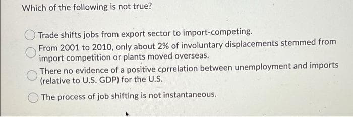 Which of the following is not true?
Trade shifts jobs from export sector to import-competing.
From 2001 to 2010, only about 2% of involuntary displacements stemmed from
import competition or plants moved overseas.
There no evidence of a positive correlation between unemployment and imports
(relative to U.S. GDP) for the U.S.
The process of job shifting is not instantaneous.
