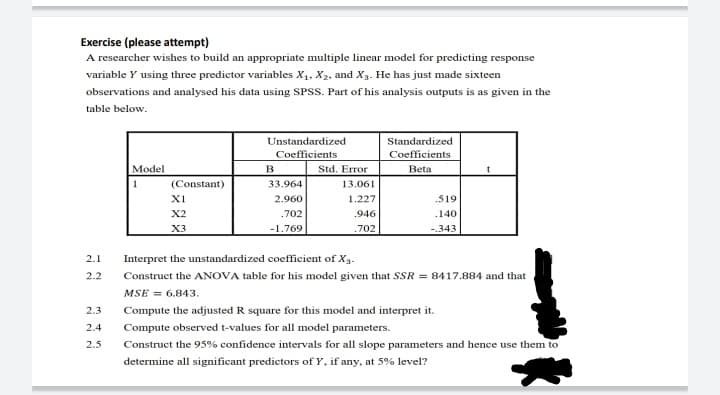 Exercise (please attempt)
A researcher wishes to build an appropriate multiple linear model for predicting response
variable Y using three predictor variables X1, X2, and X3. He has just made sixteen
observations and analysed his data using SPSS. Part of his analysis outputs is as given in the
table below.
Unstandardized
Standardized
Coefficients
Coefficients
Model
в
Std. Error
Beta
1
(Constant)
33.964
13.061
XI
2.960
1.227
.519
X2
.702
.946
.140
X3
-1.769
.702
-.343
2.1
Interpret the unstandardized coefficient of X3.
2.2
Construct the ANOVA table for his model given that SSR = 8417.884 and that
MSE = 6.843.
2.3
Compute the adjusted R square for this model and interpret it.
2.4
Compute observed t-values for all model parameters.
2.5
Construct the 95% confidence intervals for all slope parameters and hence use them to
determine all significant predictors of Y, if any, at 5% level?
