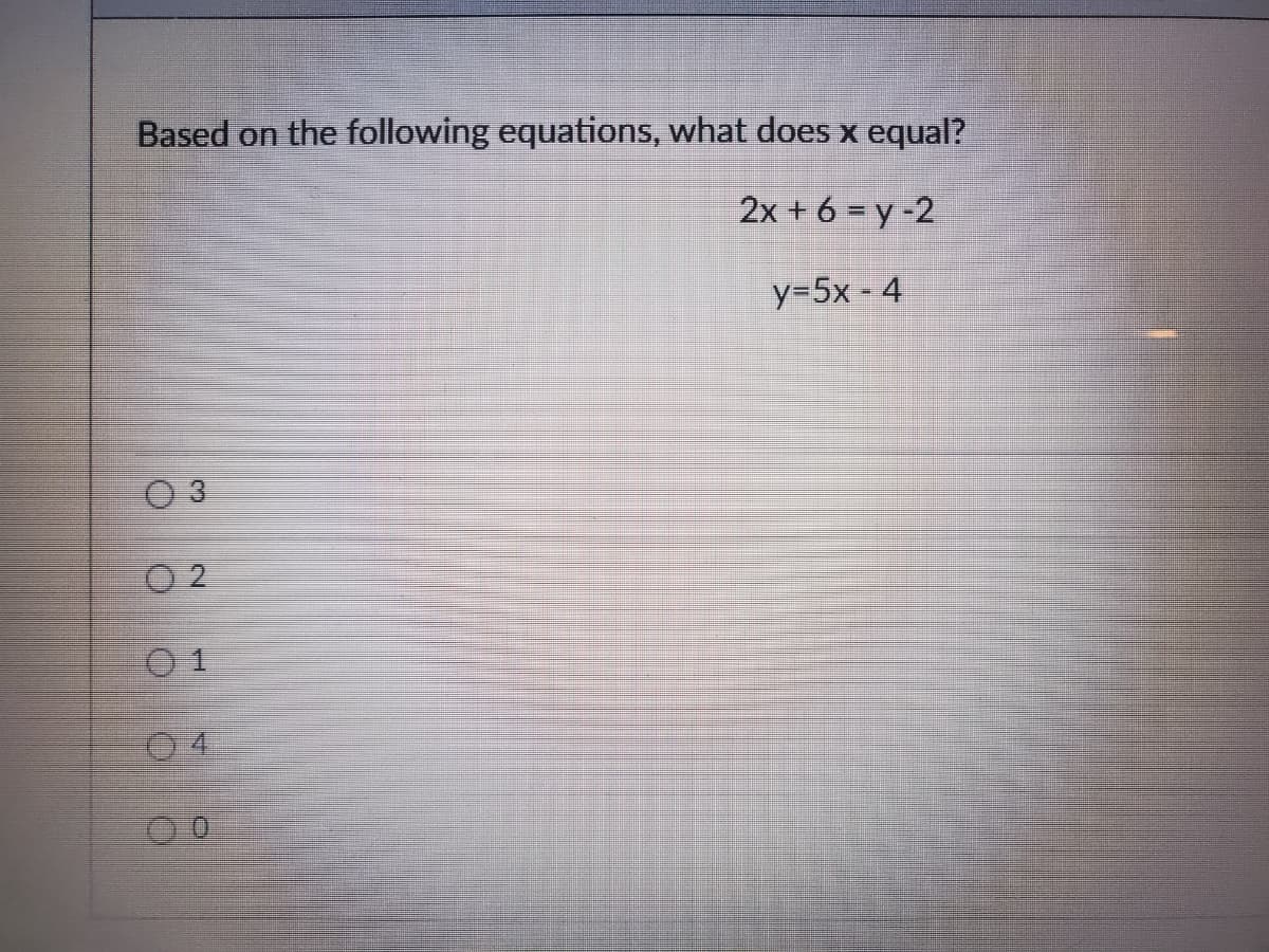 Based on the following equations, what does x equal?
2x + 6 = y-2
y=5x - 4
O 2
01
04
