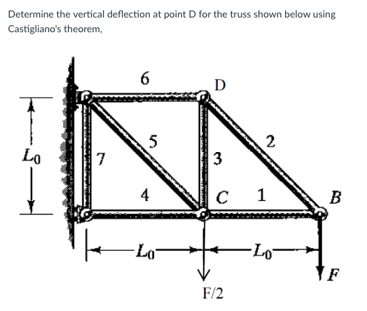 Determine the vertical deflection at point D for the truss shown below using
Castigliano's theorem,
6.
D
5
2
Lo
7
3
C
1
В
-Lo-
F
F/2
