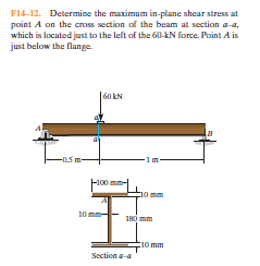 F14-12. Determine the maximum in-plane shear stress at
point A on the cross section of the beam at section a-a,
which is located just to the left of the 60-kN force. Point A is
just below the flange.
|60 kN
-05m
1o mm
10 mm
180 mm
c1o mm
Section a a
