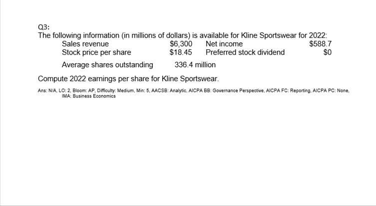 Q3:
The following information (in millions of dollars) is available for Kline Sportswear for 2022:
$6,300
$18.45
$588.7
$0
Sales revenue
Net income
Preferred stock dividend
Stock price per share
Average shares outstanding
336.4 million
Compute 2022 earings per share for Kline Sportswear.
Ans: NIA, LO: 2, Bloom: AP, Difficulty: Medium, Min: 5, AACSB: Analytic, AICPA B8: Governance Perspective, AICPA FC: Reporting, AICPA PC: None,
IMA: Business Eoonomics
